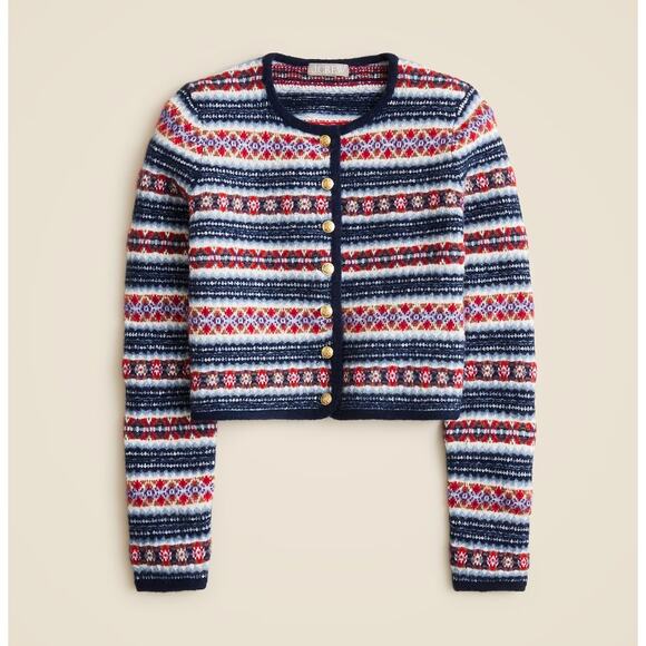 J.Crew Fair Isle Lady Jacket Boiled Wool Blend Gold Buttons Preppy Navy M NWT - Picture 4 of 15